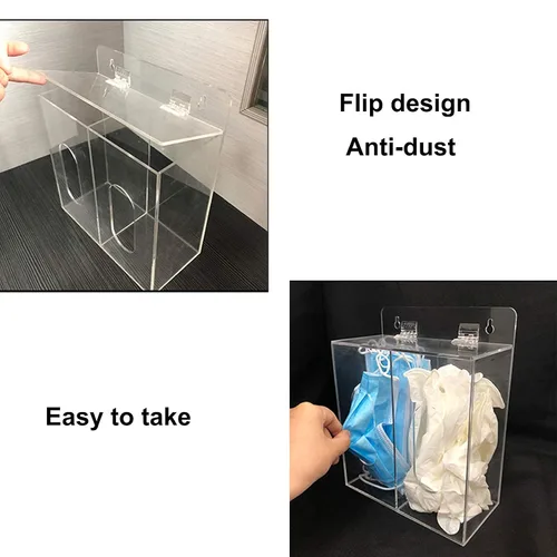Vista 3 de Dispensador de mascarillas acrílicas y guantes con tapa, dispensador doble de montaje en pared para máscara facial, redecilla, cubierta de zapatos