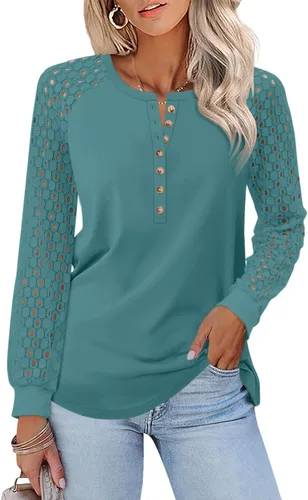 Vista 22 de Minetom Camisetas de manga larga con encaje para mujer, blusas casuales