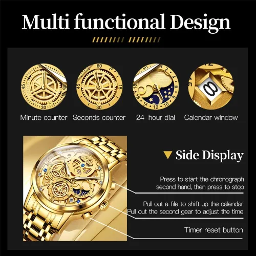 Vista 7 de OLEVS Reloj de pulsera para hombre, esqueleto de acero inoxidable, cronógrafo de cuarzo de lujo, impermeable, relojes luminosos para hombre