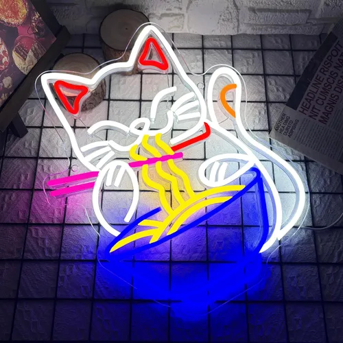 Vista 4 de Letrero de neón de gato de la fortuna Ramen, letrero de neón LED de gato de la suerte japonés regulable para decoración de pared, alimentado por USB