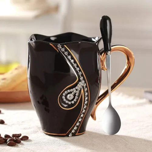 Vista 2 de Taza de café con diamantes de imitación, taza de agua de 14 onzas para oficina y hogar, taza de café única, bonitas tazas de café de cerámica