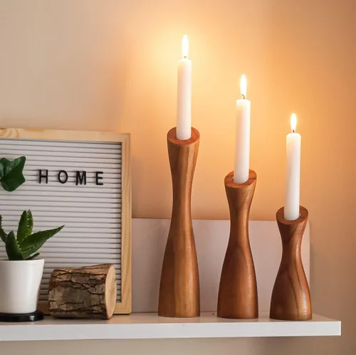 Vista 4 de OLEEK portavelas cónicos de madera - portavelas cónicos de madera para centro de mesa - portavelas de madera (9", 8", 6") - portavela de madera