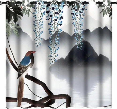 Vista 31 de Cortinas opacas para oscurecer la habitación con ojales, diseño de flores japonesas con ojales, arte retro de primavera y ramas florales, arte