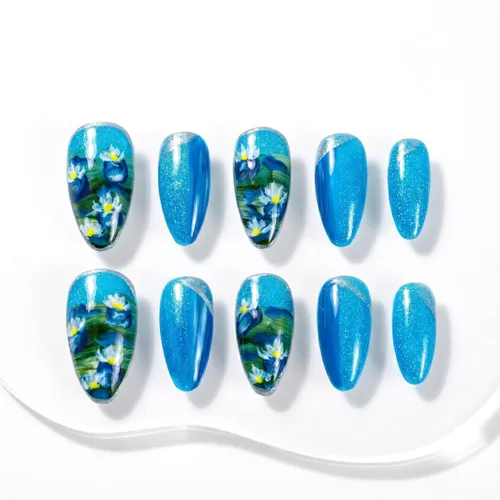 Vista 22 de Sun&Beam Nails Dije hecho a mano de almendra media larga con diseño de diamante de color nude, lindas puntas de uñas postizas, 10 unidades (#99 S)