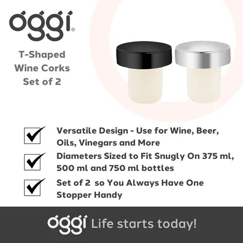 Vista 7 de OGGI Corchos de vino en forma de T, juego de 2 tapones para botellas de vino, tapones de corcho para botellas de vino, reutilizables y de bajo