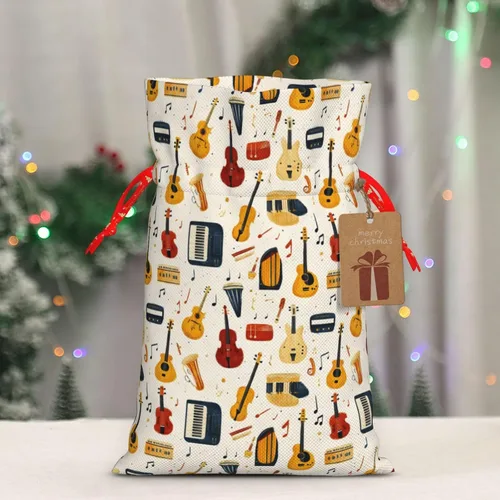 Vista 4 de Bolsas de regalo con estampado de instrumentos musicales retro, bolsas de regalo de Navidad reutilizables con cordón y etiqueta de regalo