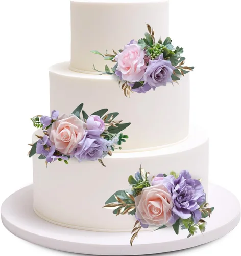 Vista 10 de Marriwise 3 piezas de flores prefabricadas, decoración de pastel de boda rosa baya, decoración de flores artificiales para boda, ceremonia