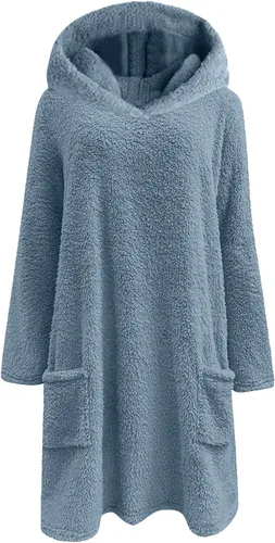 Vista 2 de Sudadera Sherpa con capucha para mujer, de gran tamaño, mullida, con bloques de color, forro polar, acogedora y cálida con bolsillos