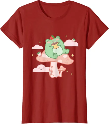 Vista 62 de Kawaii Strawberry Frog On Mushroom - Camiseta de manga corta de anime, Azul / Patchwork, S Azul Pastel