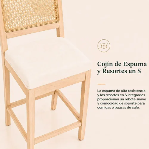 Vista 6 de Juego de 2 taburetes de bar de altura de mostrador, sillas de isla de cocina con respaldo de caña beige, taburetes de bar de ratán con respaldo