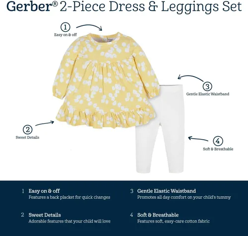 Vista 5 de Gerber Conjunto de 2 piezas de vestido y leggings de manga larga para bebés y niñas pequeñas