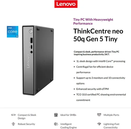 Vista 2 de Lenovo ThinkCentre neo 50q Gen 5 Mini PC de sobremesa, Intel Core i5-13420H de 8 núcleos, 8 GB DDR5 RAM, 512 GB SSD, WiFi 6E, Bluetooth 5.3