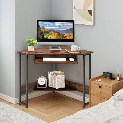 Vista 2 de MEDIMALL Escritorio triangular para computadora, mesa de escritura de esquina pequeña con tomas de corriente, bandeja para teclado y estante