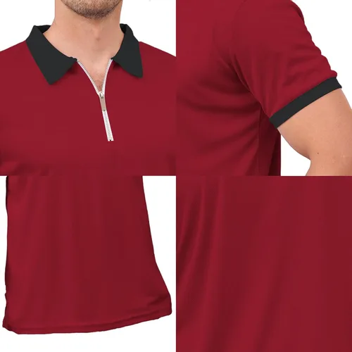 Vista 4 de Polo de manga corta con cremallera de un cuarto para hombre, estilo casual, ajustado, a la moda, para golf