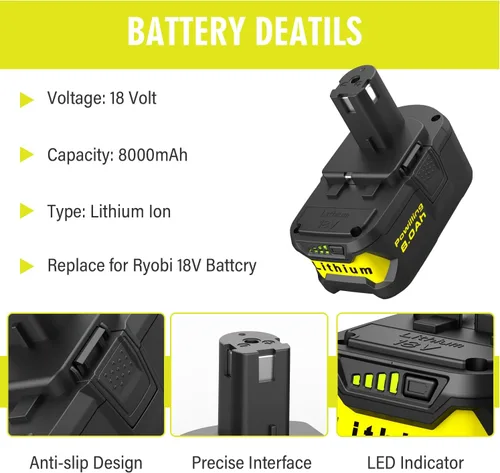 Vista 2 de Powilling Paquete de 2 baterías de repuesto de 8.0Ah 18V para batería de litio Ryobi 18V P102 P103 P105 P107 P108 P109 con cargador de batería P117