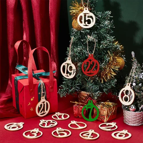 Vista 5 de NBEADS 96 piezas de números de madera para Navidad, 1-24 calendario de Adviento de cuenta regresiva de Navidad, colgantes de números de madera