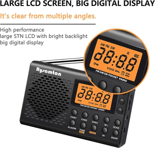 Vista 4 de Radio portátil AM/FM/onda corta, radios de bolsillo con pilas, pantalla digital grande, radio reloj con alarma y función de sueño, auriculares