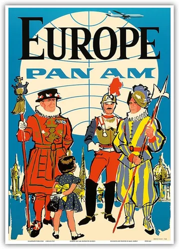 Vista 11 de Europa – Pan American World Airways – Guardia suiza pontificia británica Yeomen of the Guard – Póster vintage de viaje de aerolínea c.1950s