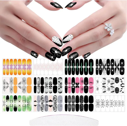 Vista 6 de 12 hojas de tiras de esmalte de uñas de Halloween con lima de uñas, telaraña, telarañas, envolturas de uñas para uñas cortas, calcomanías de uñas