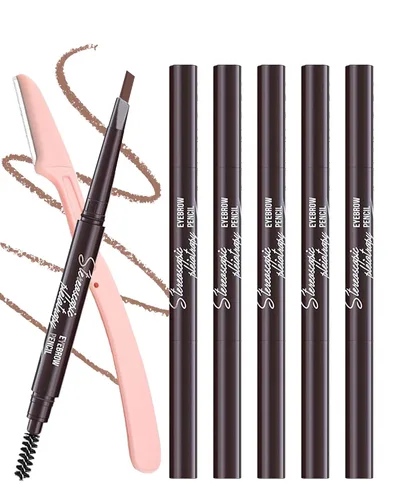 Vista 12 de 12 piezas de lápices de cejas negros impermeables para mujeres, lápiz de cejas retráctil de doble punta con cepillo, diseño de punta triangular, más