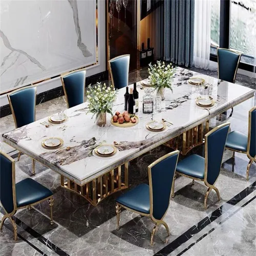 Vista 4 de LAKIQ Mesa de comedor de mármol de estilo lujoso, mesa rectangular moderna para cocina, comedor, mesa de metal dorado, solo sin sillas