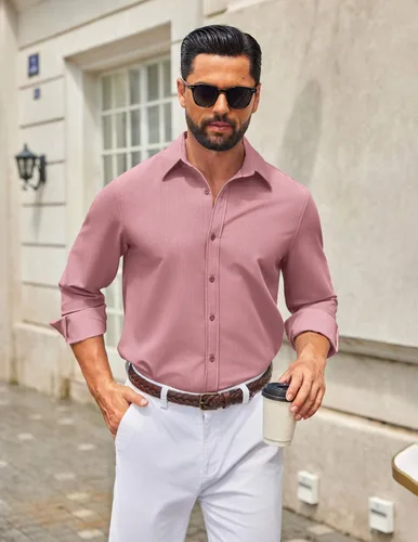 Vista 34 de COOFANDY Camisa de vestir casual de mezclilla con botones y manga larga para hombre