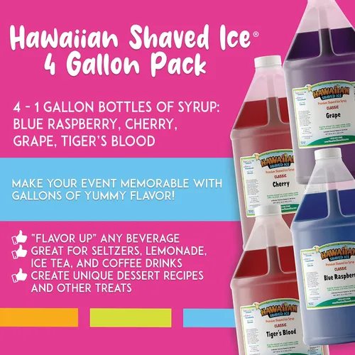Vista 3 de Hawaiian Shaved Ice Paquete de 4 jarabe, cereza, uva, frambuesa azul y sangre de tigre, para granizados, refrescos italianos, seltzers, paletas