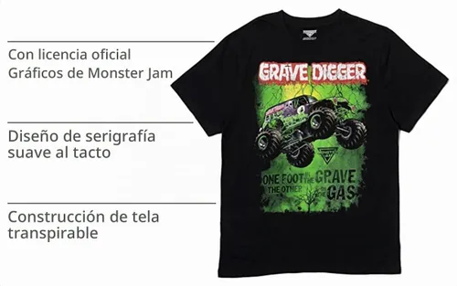 Vista 4 de Camiseta Monster Jam para Adultos Grave Digger El Toro Loco Megalodon Excavador de tumbas negro