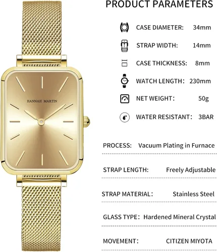 Vista 4 de HANNAH MARTIN Relojes para mujer, impermeables, de cuarzo analógico, con correa de acero inoxidable, reloj de pulsera de moda y delicado, reloj