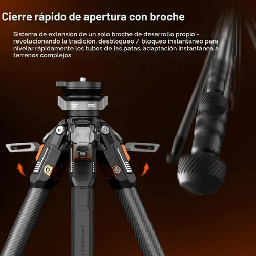 Vista 2 de COMAN T1SV5 Trípode de fibra de carbono con liberación de una sola presión, trípode profesional ajustable de 63 pulgadas para cámara, trípode