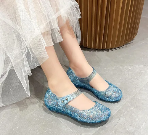 Vista 4 de Libbook Zapatos de gelatina para niñas, inspirados en Frozen, zapatos planos de Elsa, sandalias de vestir de princesa para niños pequeños, gelatinas