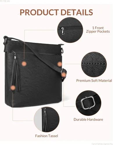 Vista 5 de SYTRAH Bolsos cruzados para mujer, bolso cruzado de cuero Vagan de alta calidad, correa ajustable, bolso de hombro ligero con borla