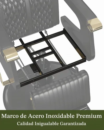 Vista 5 de Silla reclinable de barbero Baasha negra con ribete dorado en los reposabrazos, cómodo cojín de espuma viscoelástica, reposacabezas ajustable, base