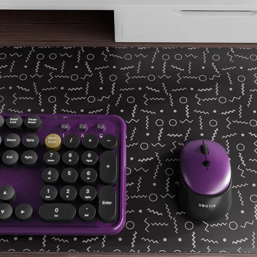 Vista 4 de Combo de teclado y mouse inalámbricos morado, teclado de máquina de escribir de tamaño completo con teclas completas, teclado de computadora retro