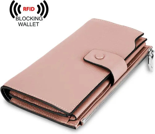 Vista 6 de YALUXE Cartera de piel auténtica para mujer, con bloqueo RFID, tarjetero múltiple con bolsillo para teléfono celular