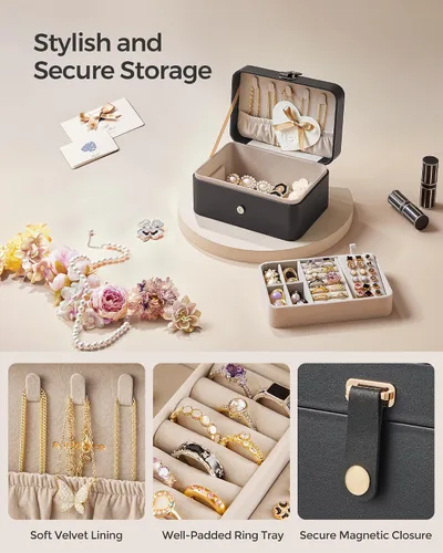 Vista 6 de SONGMICS Joyero de viaje, organizador de joyas de 2 capas, 4.3 x 6.3 x 3.1 pulgadas, portátil, versátil almacenamiento de aretes, para accesorios