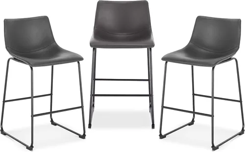 Vista 10 de POLY & BARK Brinley - Juego de 3 taburetes modernos sin brazos con respaldo suavemente curvado y patas de madera, color marrón, asiento de piel
