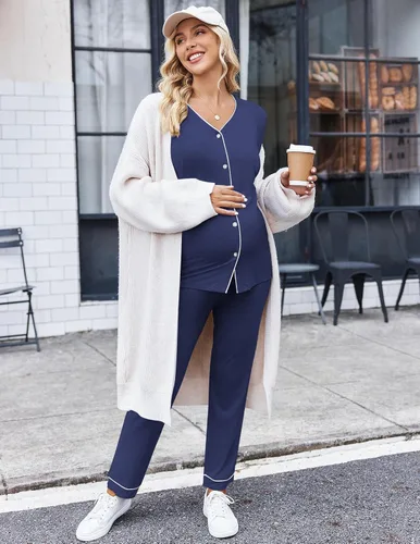 Vista 5 de Ekouaer Conjunto de pijama de maternidad con botones, ropa de dormir de manga larga para lactancia materna con pantalones ajustables