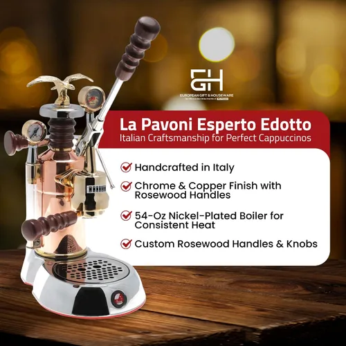 Vista 2 de La Pavoni Esperto Edotto - Máquina de café expreso con palanca de 16 tazas, acabado cromado y cobre con asas de palisandro, caldera niquelada de 54
