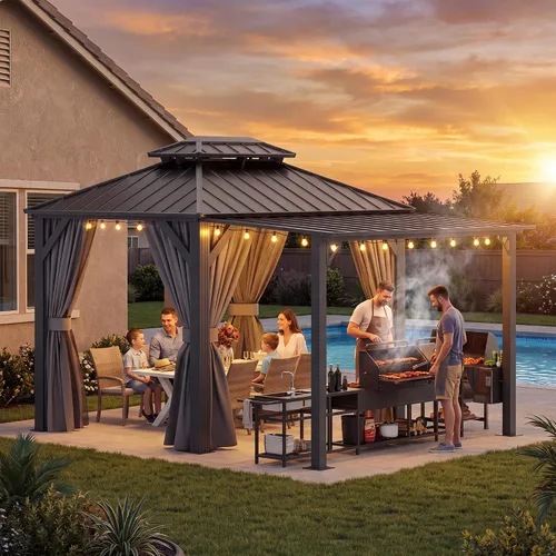 Vista 11 de LAUSAINT HOME Gazebo para parrilla al aire libre de 5 x 8 pies, kiosco para barbacoa con parte superior ventilada de 2 niveles, 2 estantes duraderos
