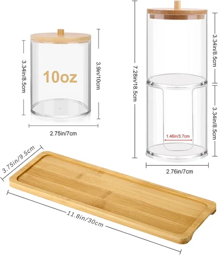 Vista 2 de Qtip - Dispensador de soporte con tapas de bambú y bandeja de tocador, recipientes de plástico transparente de 10 onzas para almacenamiento