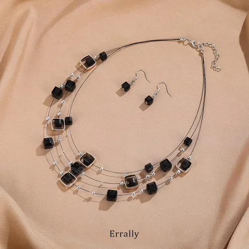Vista 2 de Collar de cuentas de plata en capas para mujer, cuentas de cristal cuadradas, collar y aretes, disfraces de moda, conjuntos de joyas para mujer