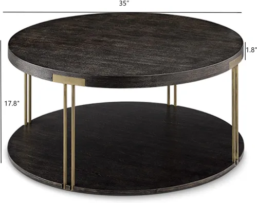 Vista 2 de Mesa de centro redonda con ruedas, mesa de té de centro industrial de 2 usos con estante de almacenamiento, mesa de cóctel circular de 35 pulgadas