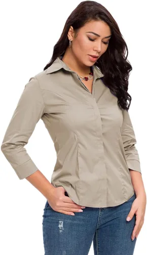 Vista 4 de Camisas con botones para mujer, oficial, formal, manga 3/4, color blanco, elástica, camisa de vestir de verano