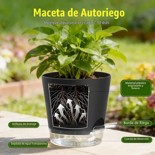 Vista 4 de Macetas de riego automático de 7 pulgadas, paquete de 6 macetas de plástico con agujeros de drenaje y platillos transparentes, macetas de plástico