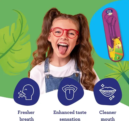 Vista 4 de GuruNanda Raspador de lengua para niños (paquete de 2) con estuche de viaje, acero inoxidable, ayuda al aliento fresco, limpiador de lengua apto