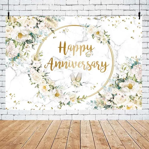 Vista 5 de MEHOFOND Telón de fondo de feliz aniversario de 7 x 5 pies con diseño floral blanco para fotografía de aniversario de boda, fondo geométrico