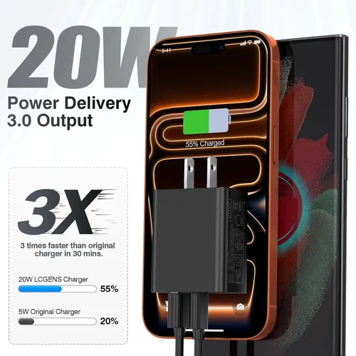 Vista 2 de Cargador de pared USB C de 20 W para iPhone 17/16/15/14/13/13 Mini/13 Pro Max/12/12 Pro/12 Pro Max Cube, paquete de 2 unidades de doble puerto