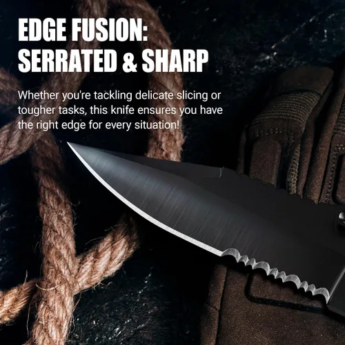 Vista 7 de Cuchillo táctico legal para hombres y mujeres - Hoja serrada de 2.68 pulgadas - Pequeños cuchillos de bolsillo negros con rompecristales y cortador