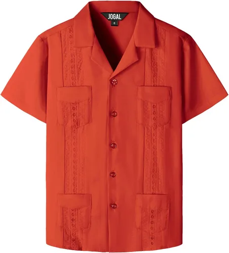 Vista 12 de JOGAL Camisas guayabera cubanas para niños de manga corta con botones, camisa casual de playa Verde militar